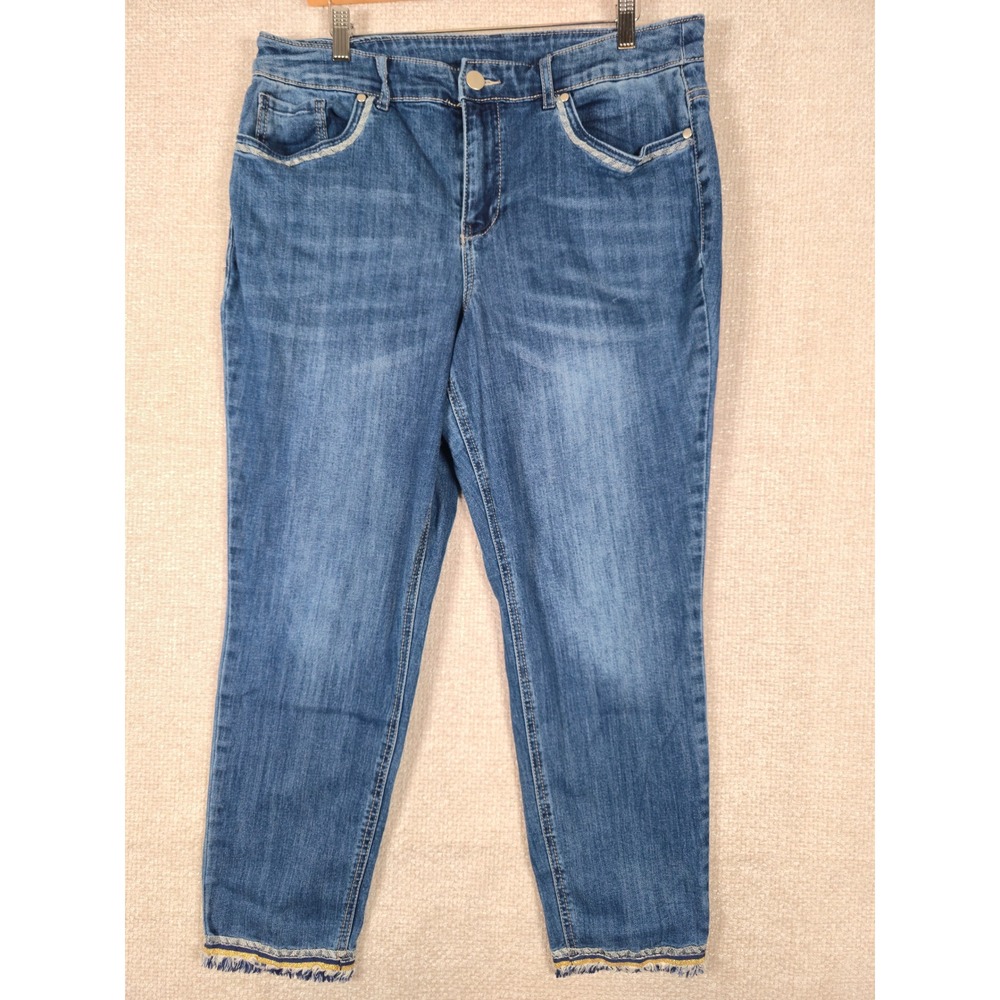 Christopher & Banks Womens Size 12 Jeans Medium Wash Metallic‎ Frayed Hem Ankle
